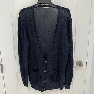 6397 Slouchy Open Weave Navy Blue Linen Button up Cardigan Sweater Size SMALL